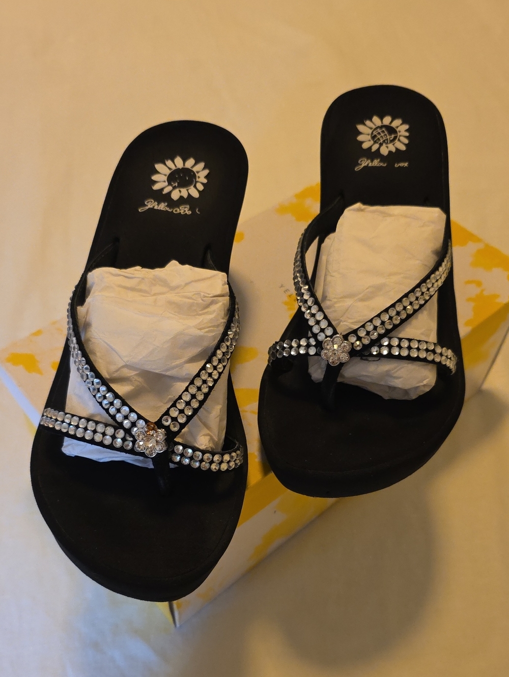 Yellow Box Black Embellished Wedge Flip Flops -